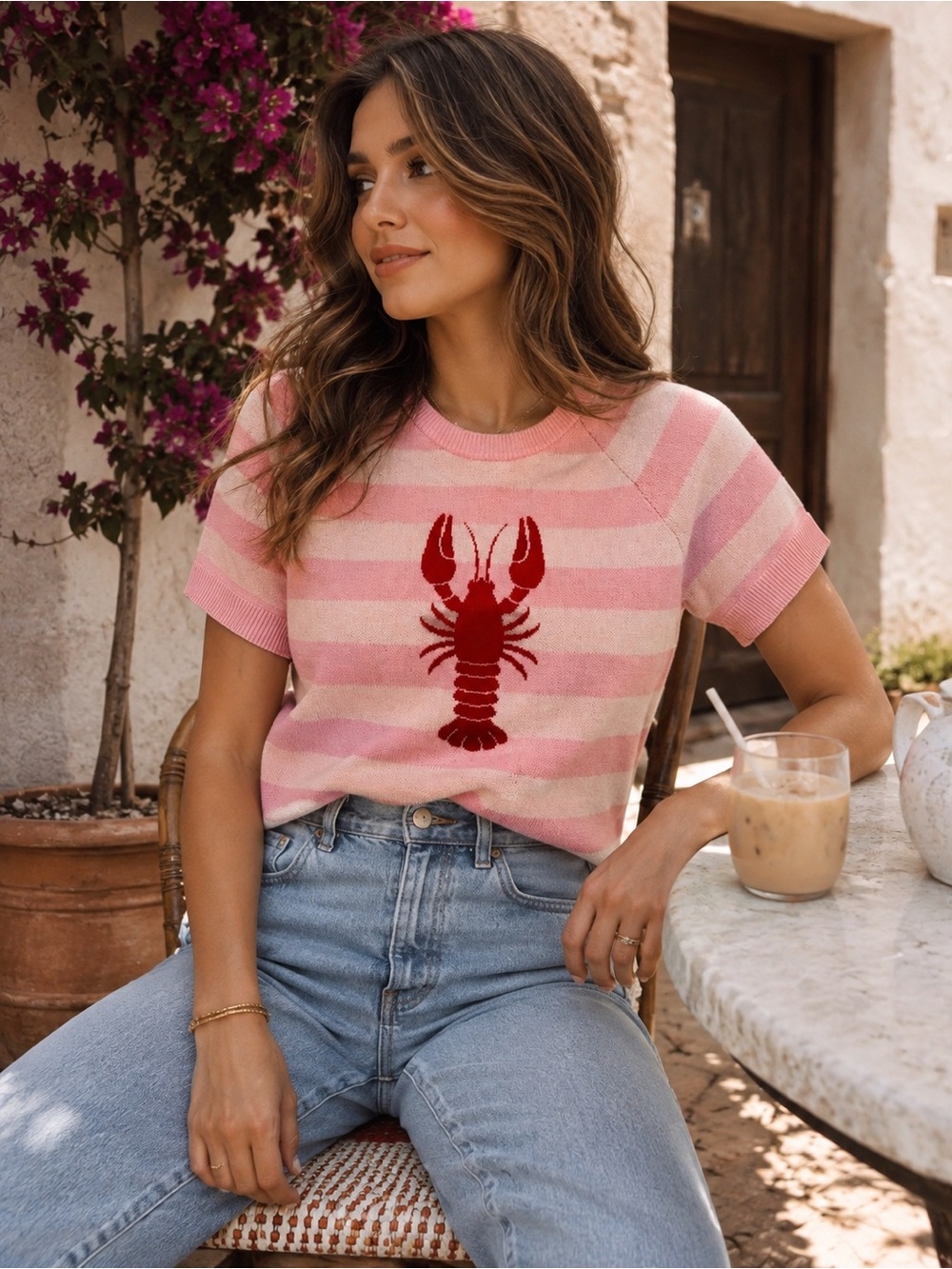 Belldini Pink Striped Short-Sleeve Sweater with Red Lobster Graphic